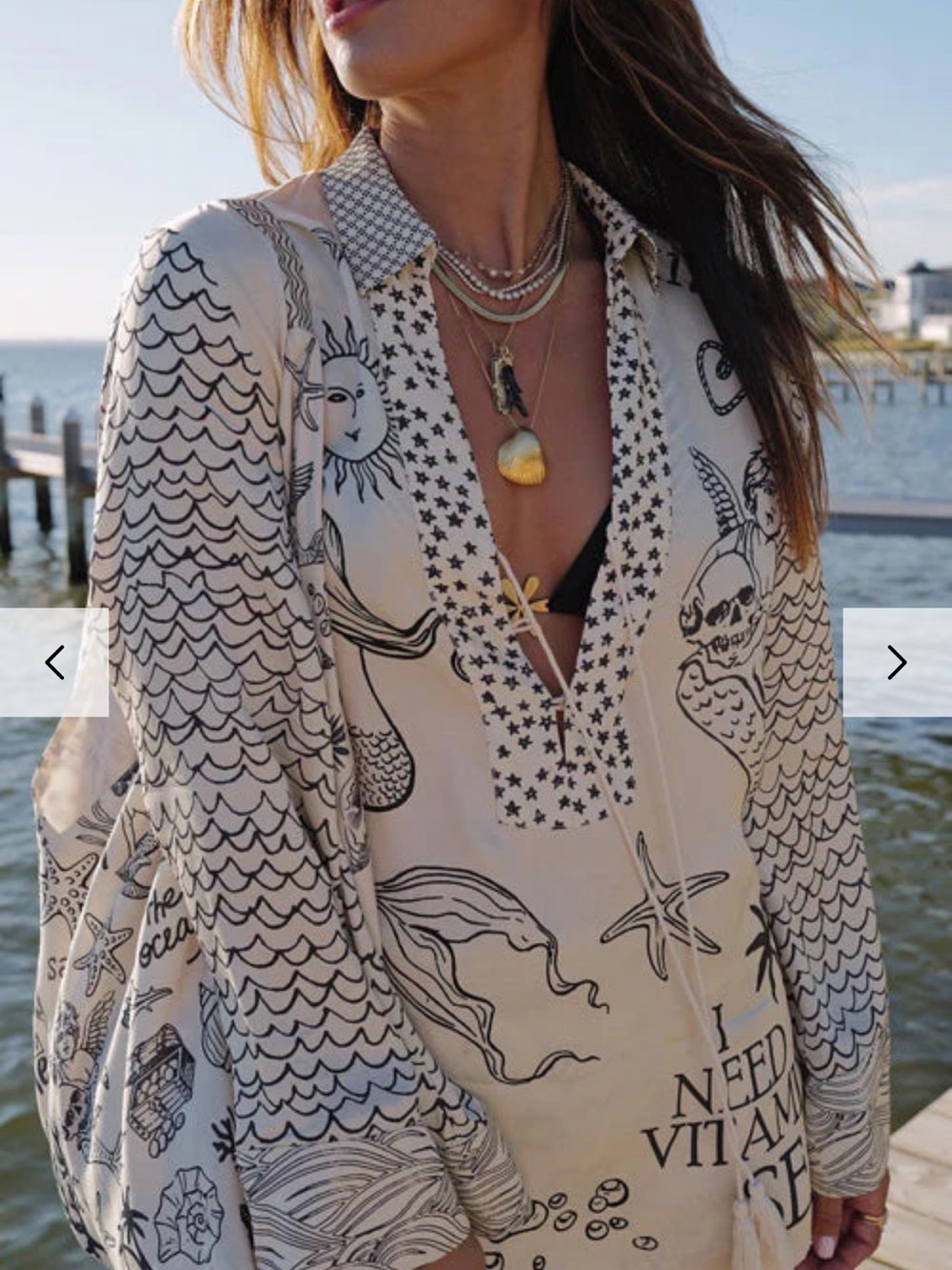 Women’s Cream Beach Coverup Tunic with Black Nautical Print